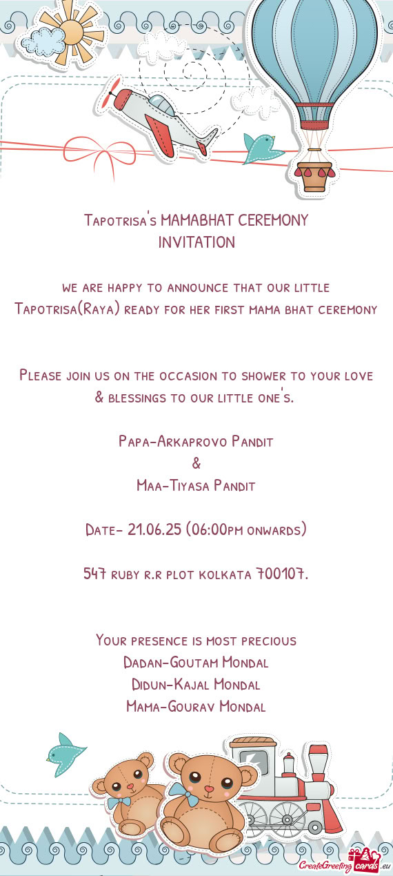 We are happy to announce that our little Tapotrisa(Raya) ready for her first mama bhat ceremony