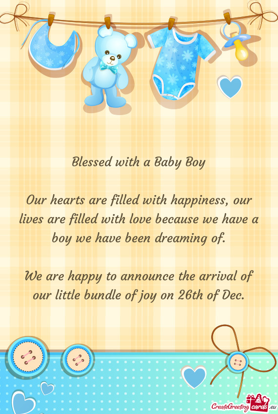 We are happy to announce the arrival of our little bundle of joy on 26th of Dec