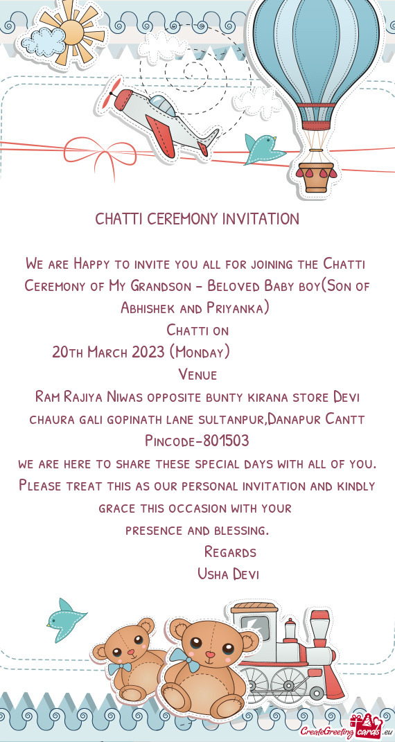 We are Happy to invite you all for joining the Chatti Ceremony of My Grandson - Beloved Baby boy(So