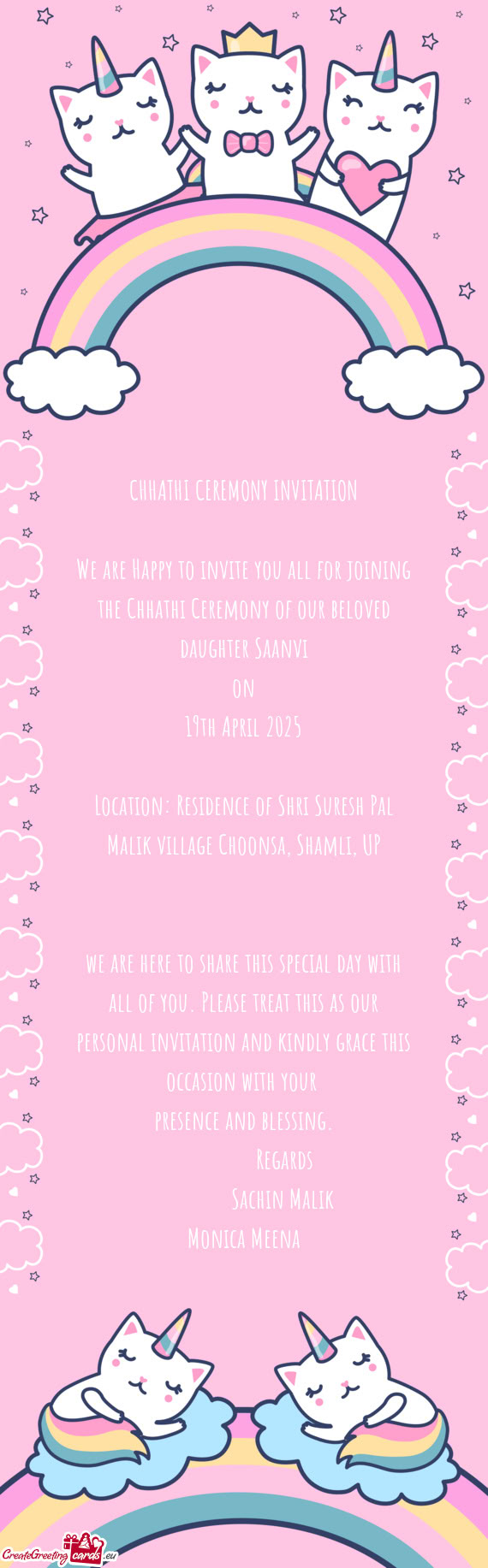 We are Happy to invite you all for joining the Chhathi Ceremony of our beloved daughter Saanvi