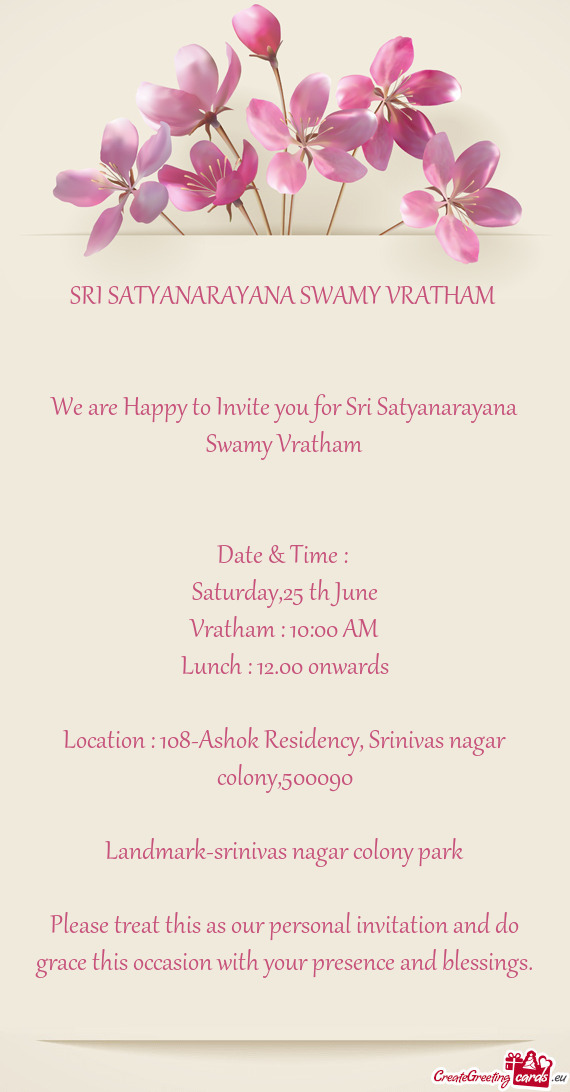 We are Happy to Invite you for Sri Satyanarayana Swamy Vratham