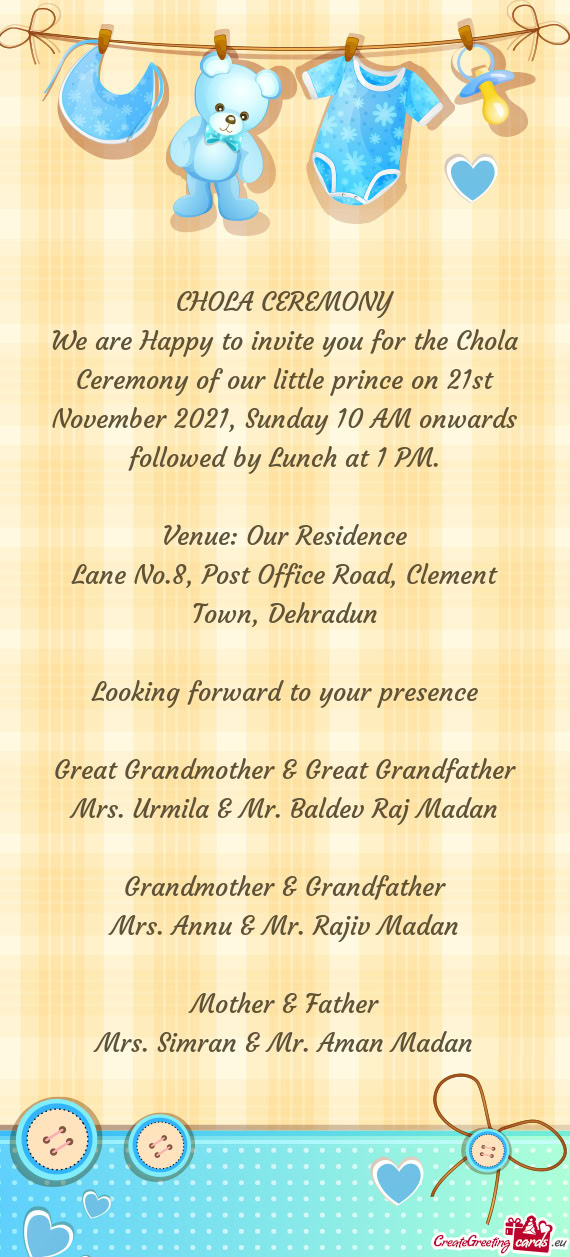 We are Happy to invite you for the Chola Ceremony of our little prince on 21st November 2021, Sunday