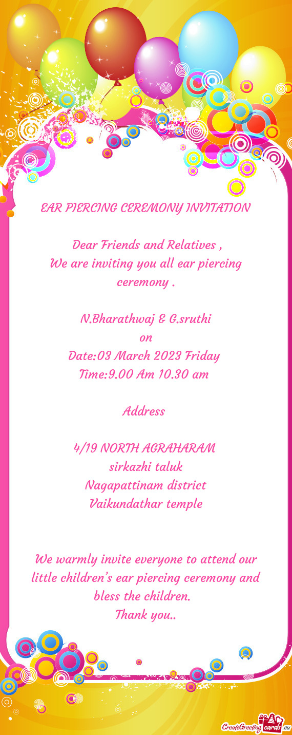 We are inviting you all ear piercing ceremony