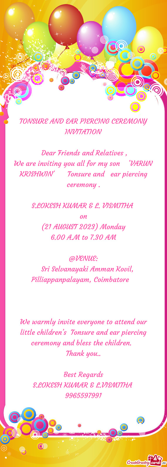 We are inviting you all for my son ❤"VARUN KRISHWIN"♥️Tonsure and ear piercing ceremony