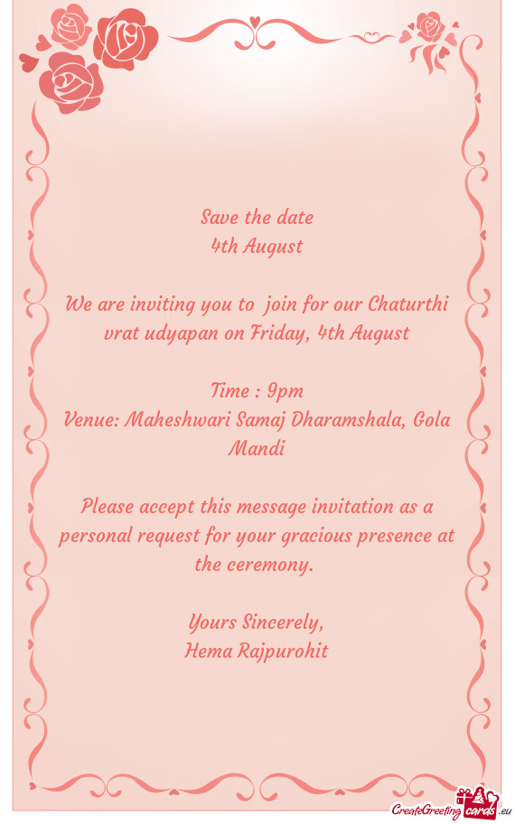 We are inviting you to join for our Chaturthi vrat udyapan on Friday, 4th August