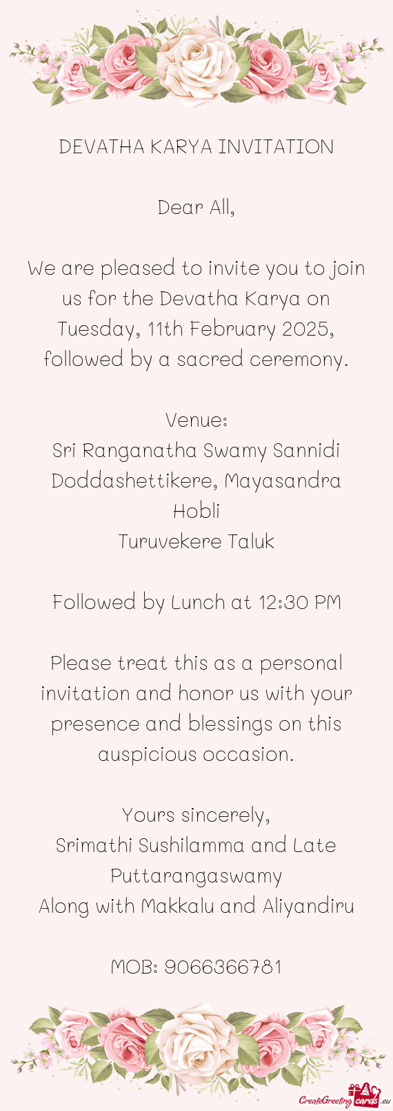 We are pleased to invite you to join us for the Devatha Karya on Tuesday, 11th February 2025, follow