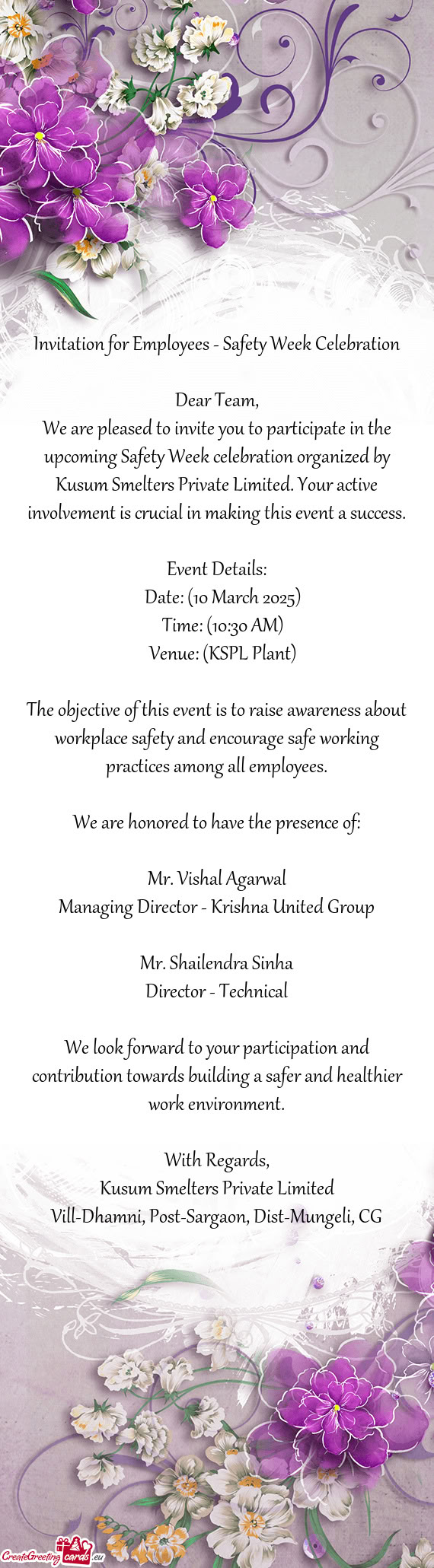 We are pleased to invite you to participate in the upcoming Safety Week celebration organized by Kus