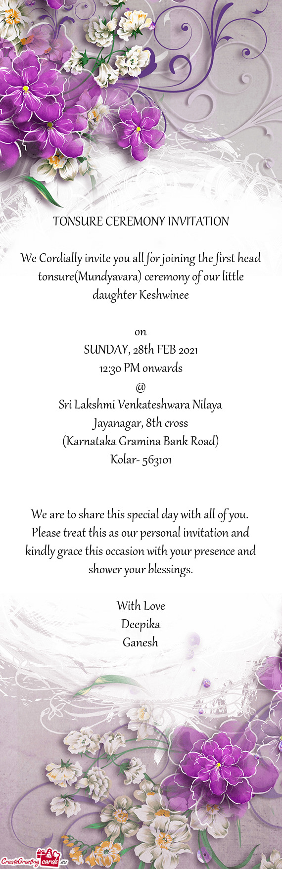 We Cordially invite you all for joining the first head tonsure(Mundyavara) ceremony of our little da