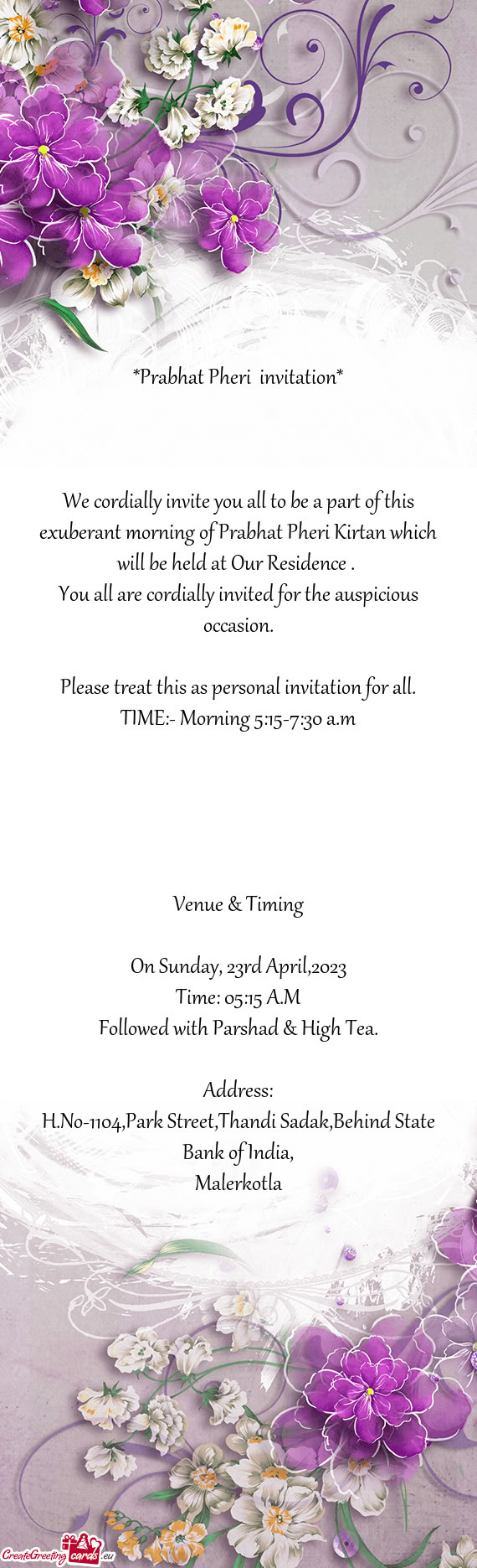 We cordially invite you all to be a part of this exuberant morning of Prabhat Pheri Kirtan which wil