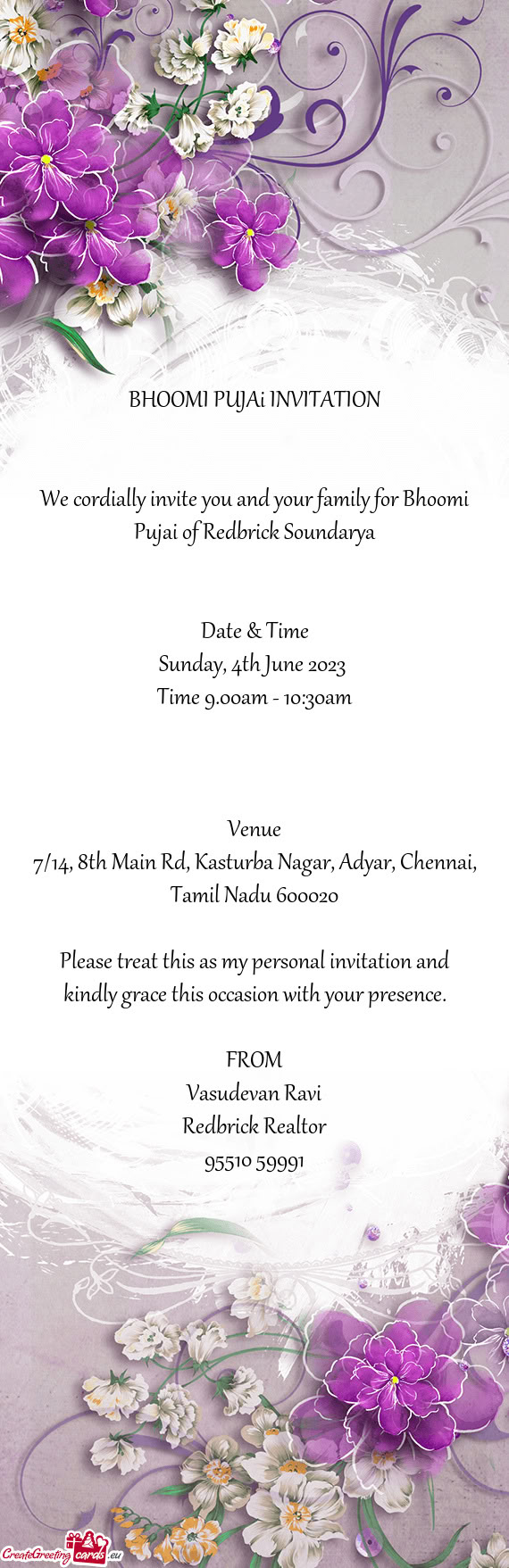 We cordially invite you and your family for Bhoomi Pujai of Redbrick Soundarya