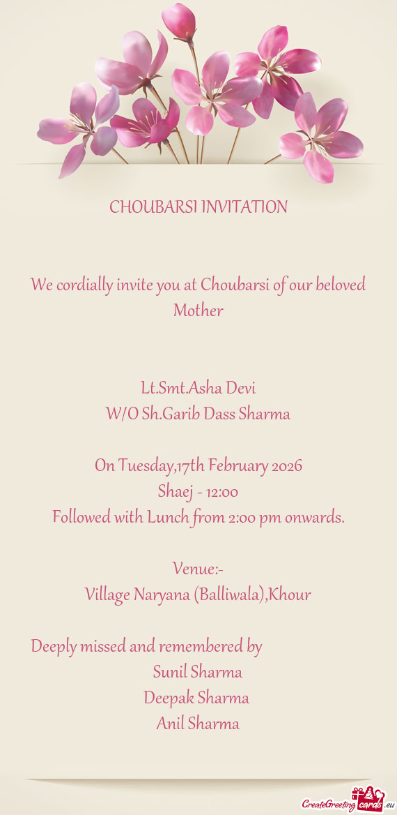 We cordially invite you at Choubarsi of our beloved Mother