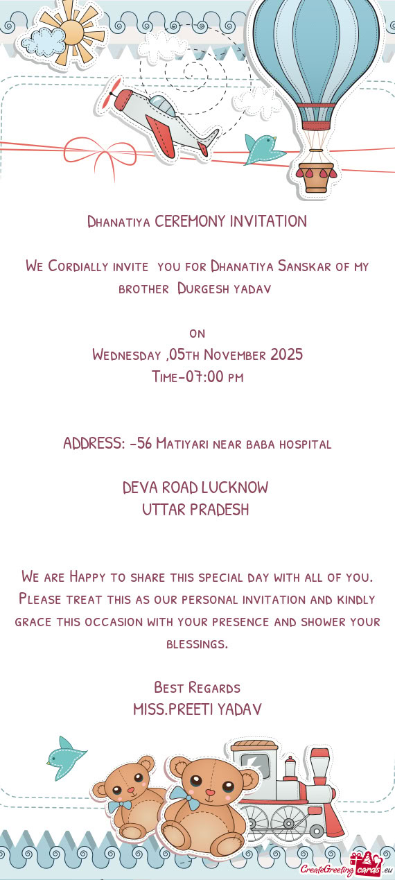 We Cordially invite you for Dhanatiya Sanskar of my brother Durgesh yadav