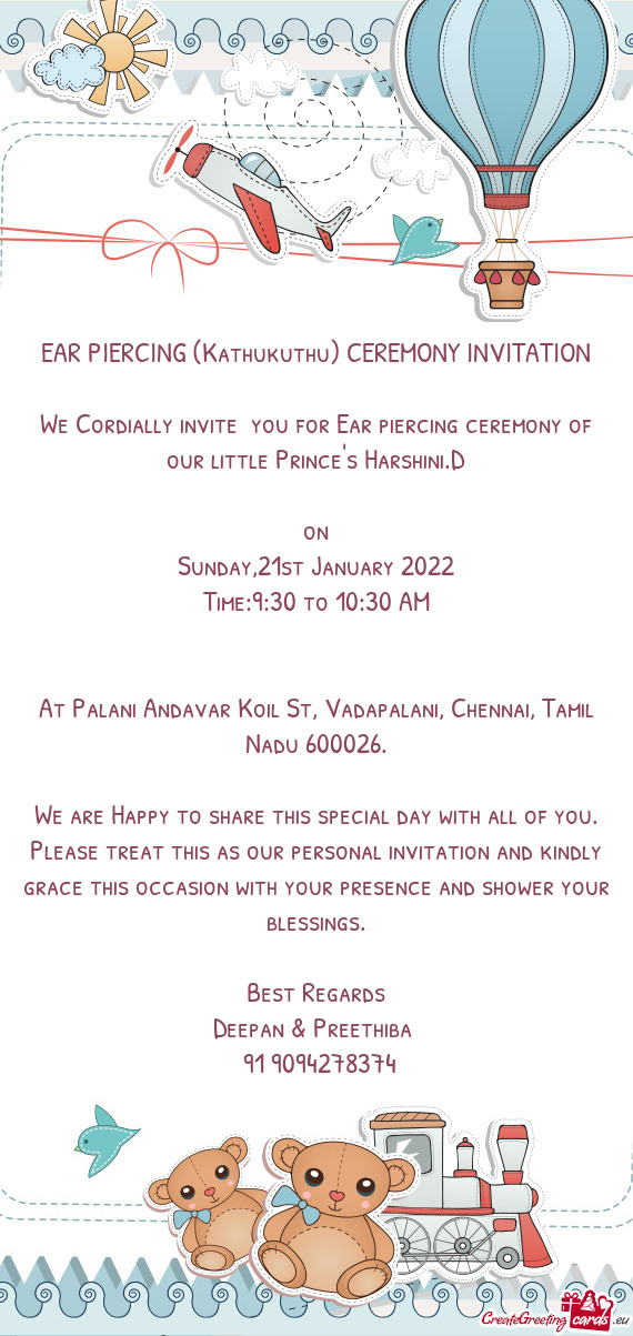 We Cordially invite you for Ear piercing ceremony of our little Prince