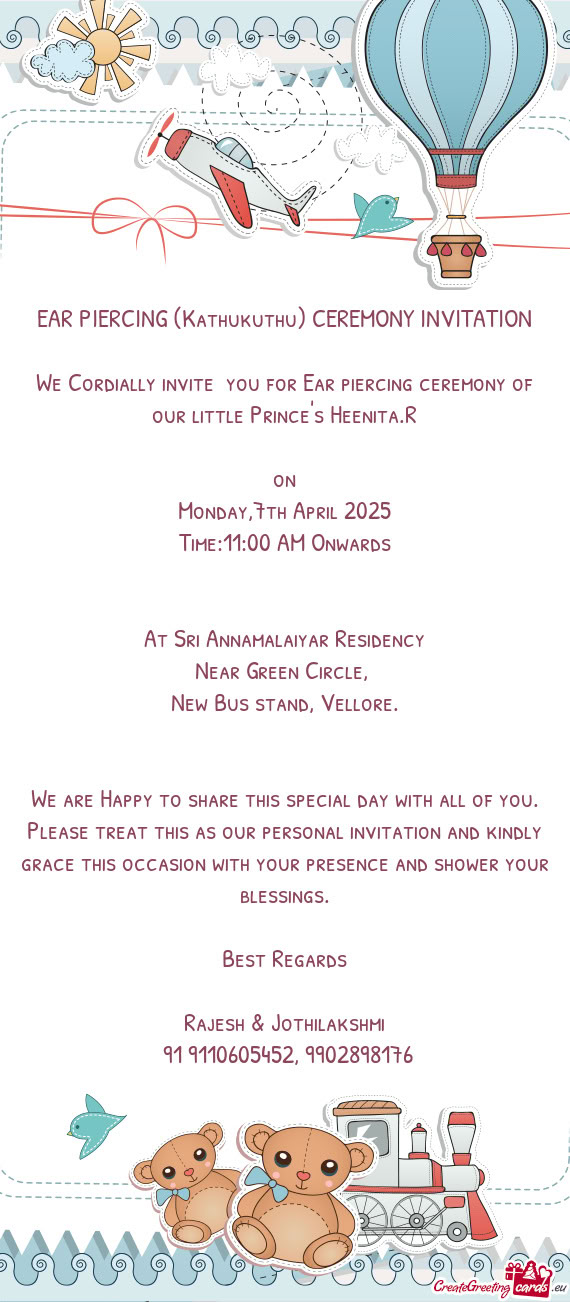 We Cordially invite you for Ear piercing ceremony of our little Prince
