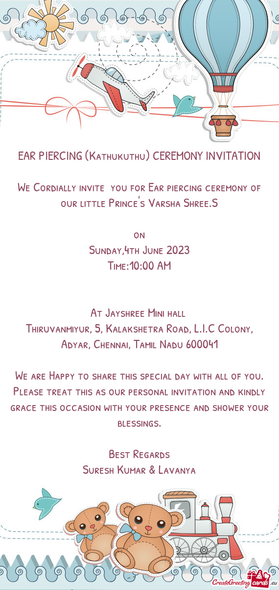 We Cordially invite you for Ear piercing ceremony of our little Prince