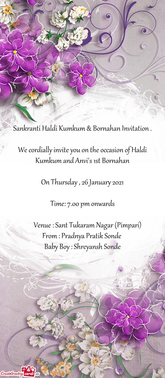 We cordially invite you on the occasion of Haldi Kumkum and Anvi