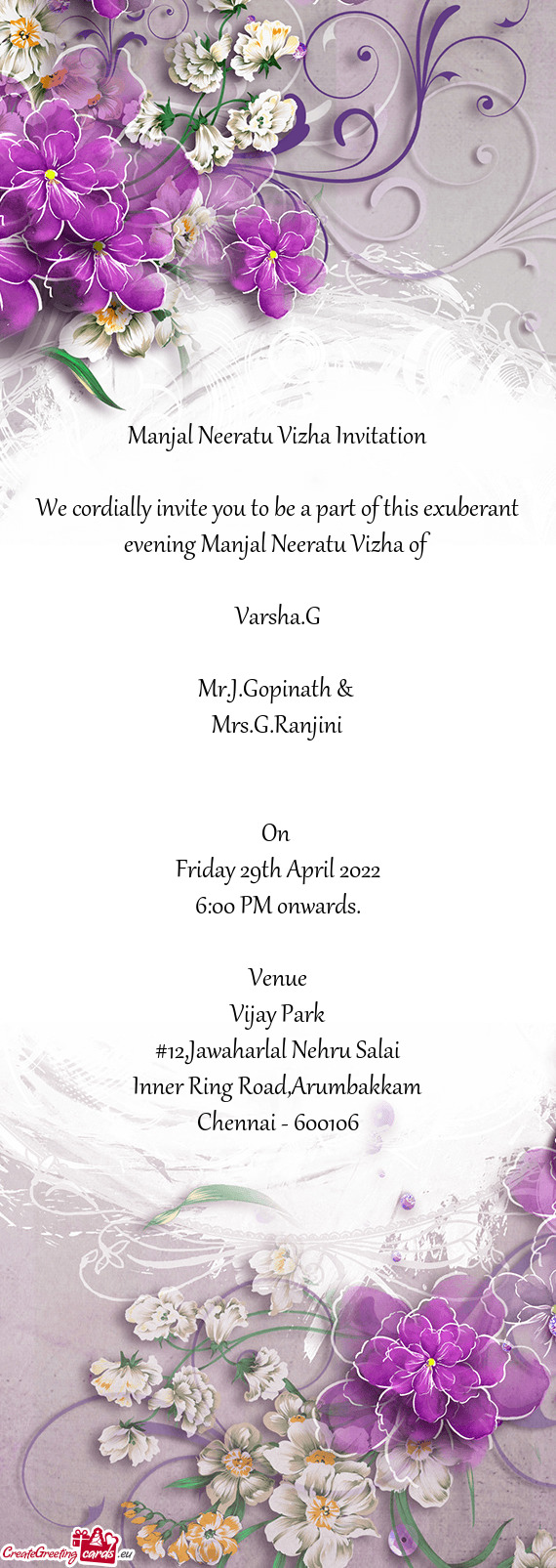 We cordially invite you to be a part of this exuberant evening Manjal Neeratu Vizha of