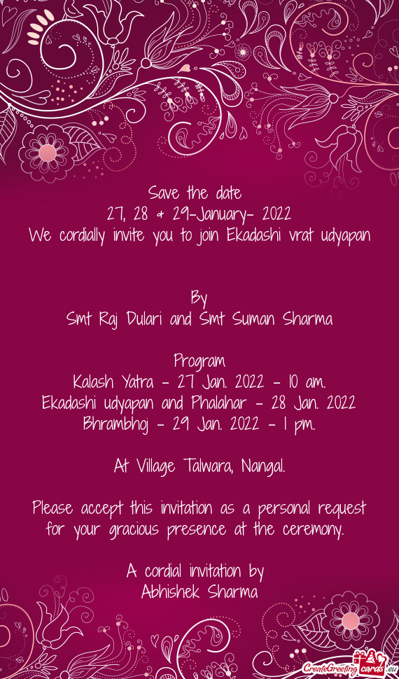 We cordially invite you to join Ekadashi vrat udyapan