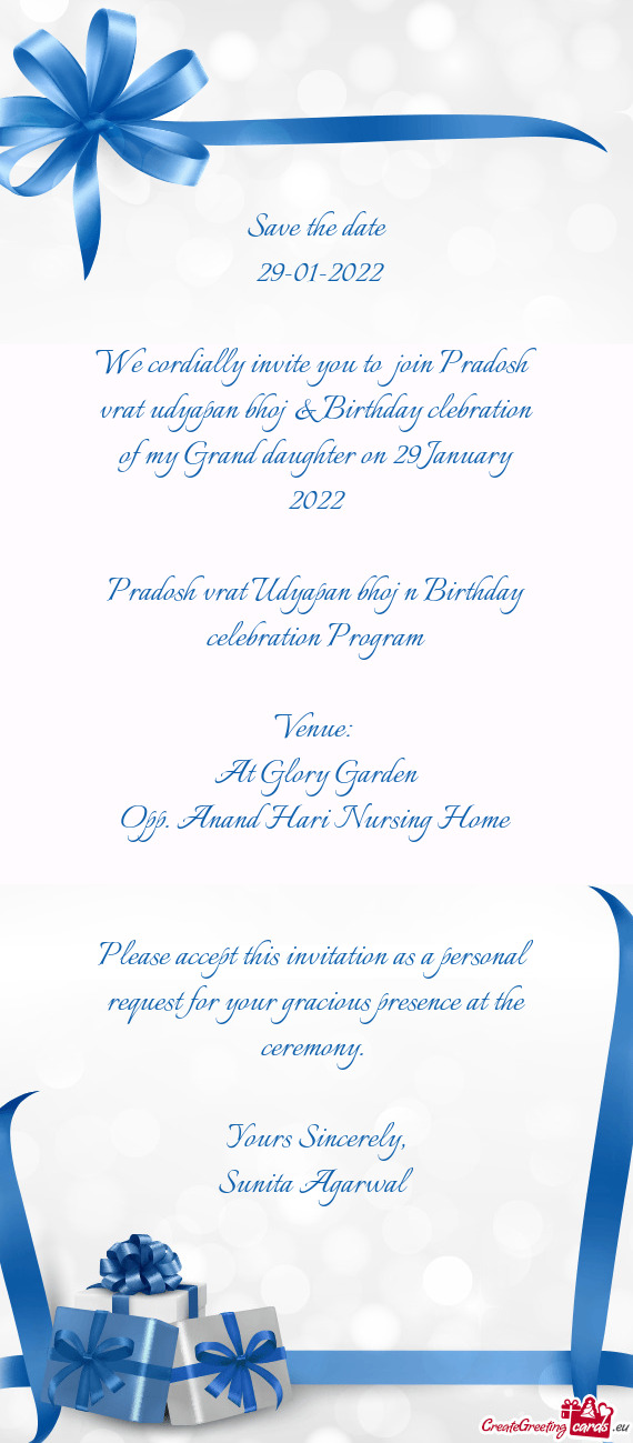 We cordially invite you to join Pradosh vrat udyapan bhoj & Birthday clebration of my Grand daughte