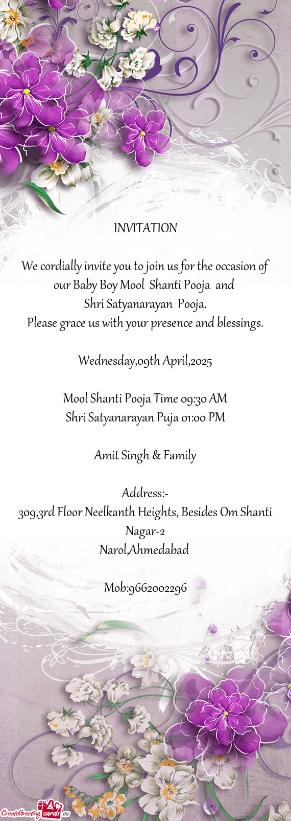 We cordially invite you to join us for the occasion of our Baby Boy Mool Shanti Pooja and