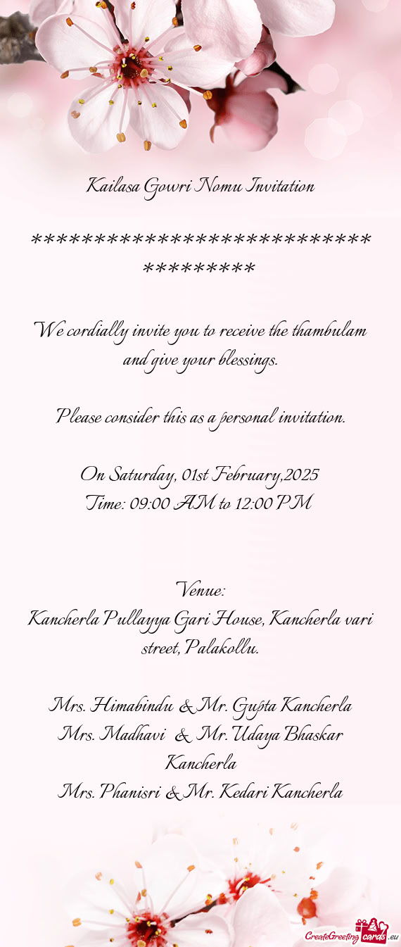 We cordially invite you to receive the thambulam and give your blessings