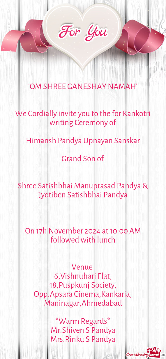 We Cordially invite you to the for Kankotri writing Ceremony of