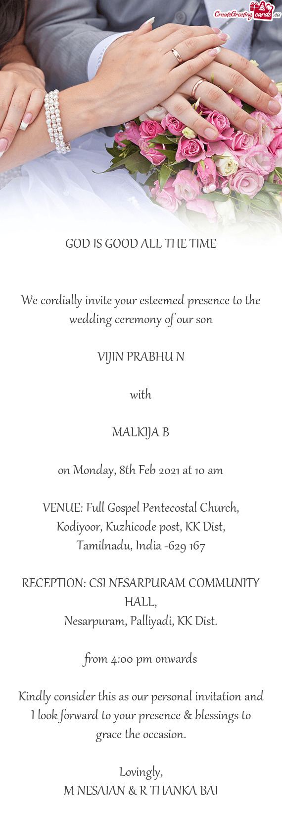 We cordially invite your esteemed presence to the wedding ceremony of our son