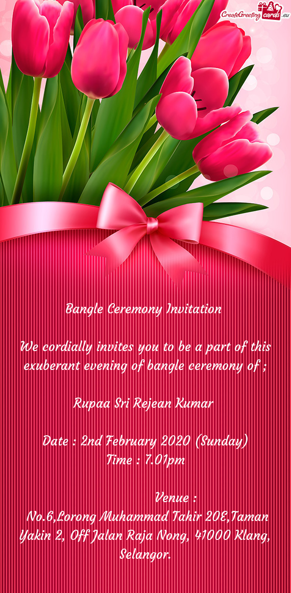 We cordially invites you to be a part of this exuberant evening of bangle ceremony of ;