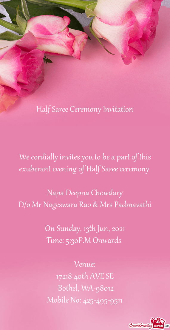 We cordially invites you to be a part of this exuberant evening of Half Saree ceremony