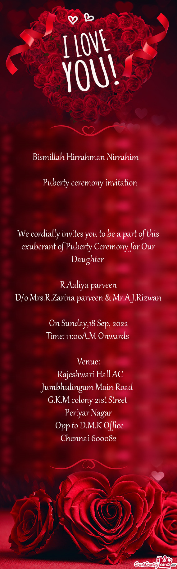 We cordially invites you to be a part of this exuberant of Puberty Ceremony for Our Daughter