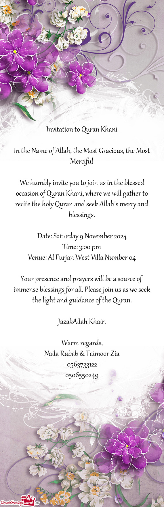 We humbly invite you to join us in the blessed occasion of Quran Khani, where we will gather to reci