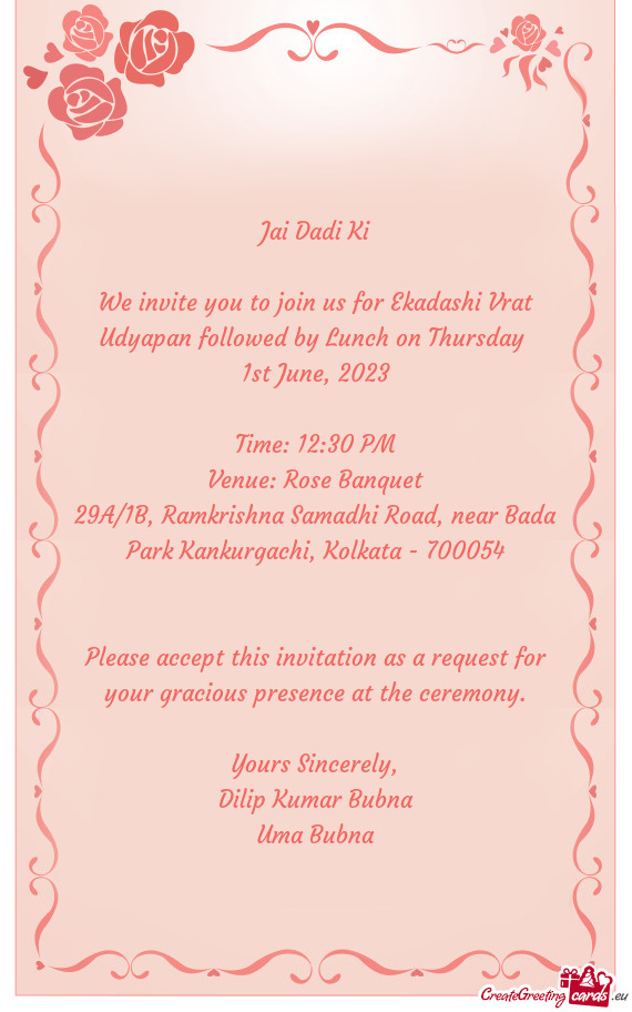 We invite you to join us for Ekadashi Vrat Udyapan followed by Lunch on Thursday