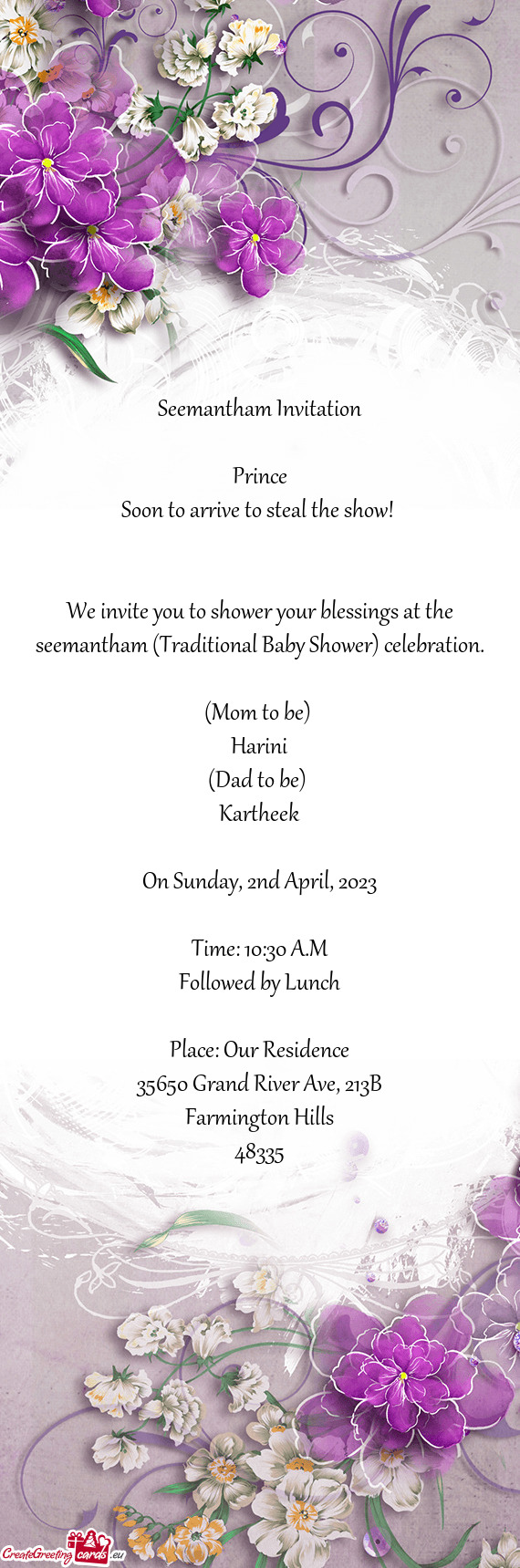 We invite you to shower your blessings at the seemantham (Traditional Baby Shower) celebration