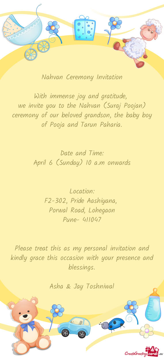 We invite you to the Nahvan (Suraj Poojan) ceremony of our beloved grandson, the baby boy of Pooja a