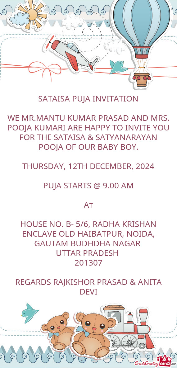 WE MR.MANTU KUMAR PRASAD AND MRS. POOJA KUMARI ARE HAPPY TO INVITE YOU FOR THE SATAISA & SATYANARAYA