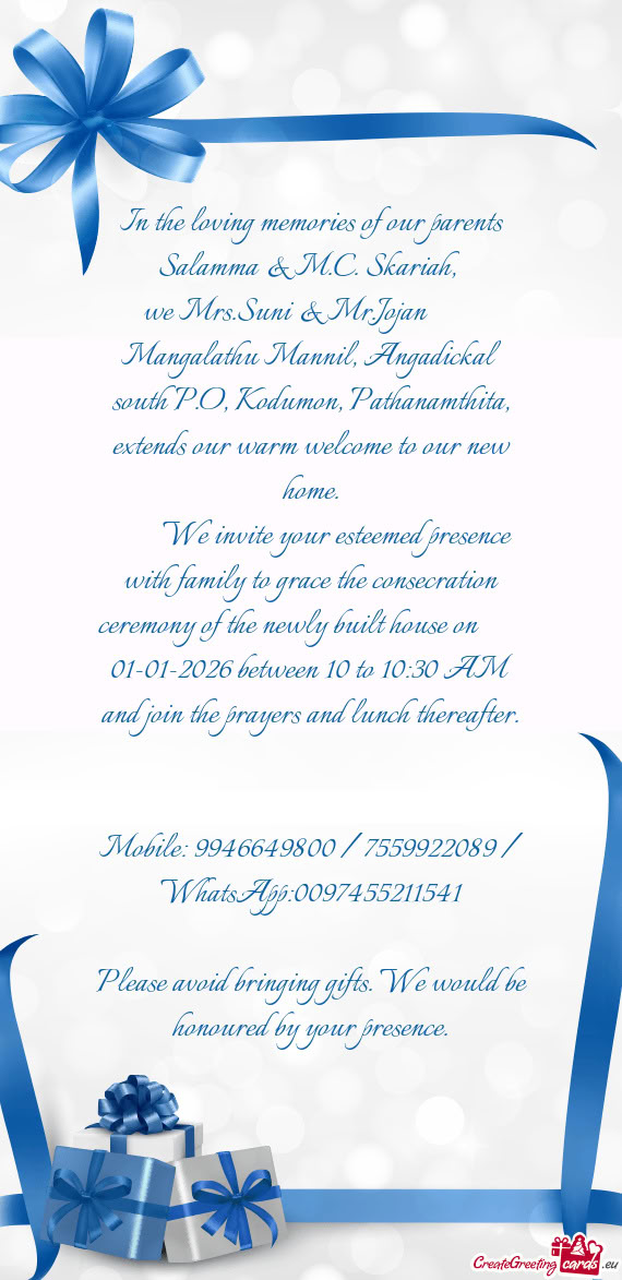 We Mrs.Suni & Mr.Jojan   Mangalathu Mannil, Angadickal south P.O, Kodumon, Pathanamthita, exte