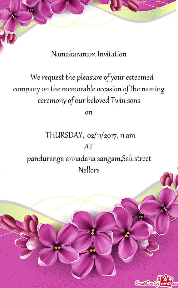 We request the pleasure of your esteemed company on the memorable occasion of the naming ceremon