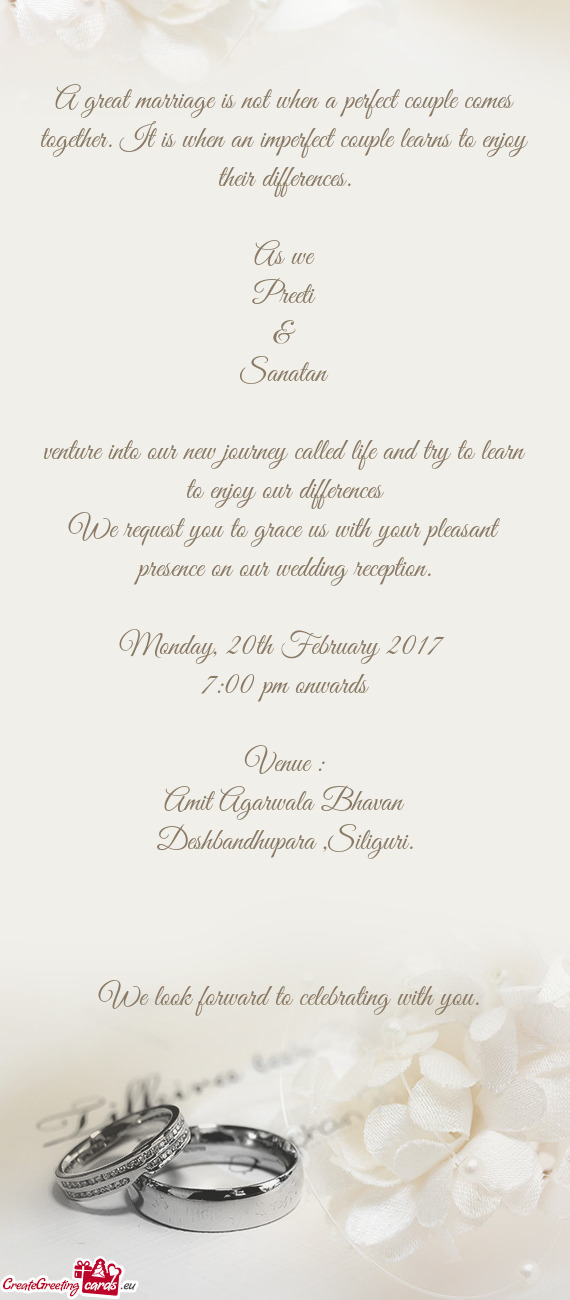 We request you to grace us with your pleasant presence on our wedding reception