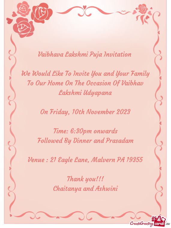 We Would Like To Invite You and Your Family To Our Home On The Occasion Of Vaibhav Lakshmi Udyapana