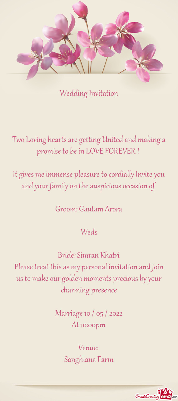 Wedding Invitation  Two Loving hearts are getting United and making a promise to be in LOVE FO