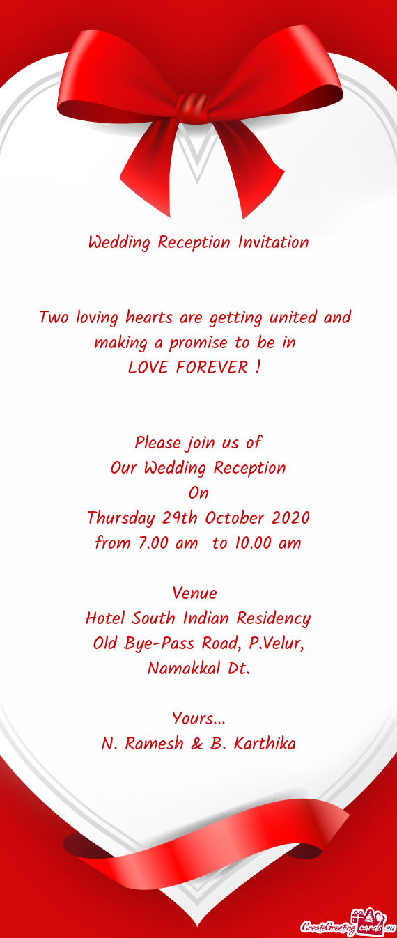 Wedding Reception Invitation      Two loving hearts are