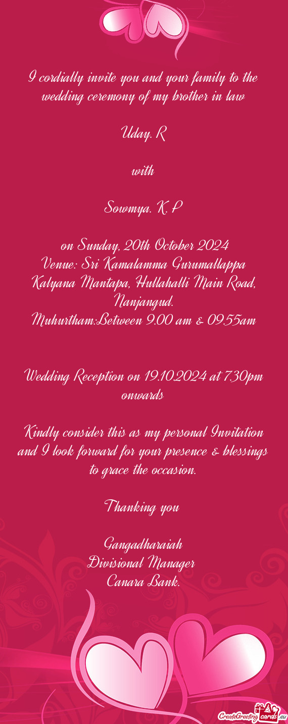 Wedding Reception on 19.10.2024 at 7.30pm onwards