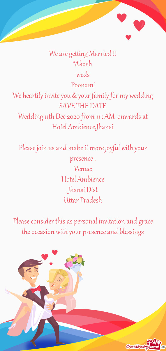 Wedding:11th Dec 2020 from 11 : AM onwards at Hotel Ambience,Jhansi