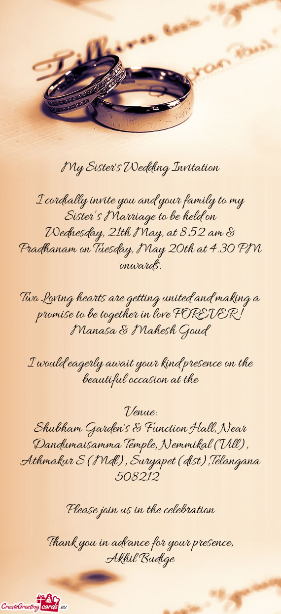 Wednesday, 21th May, at 8.52 am & Pradhanam on Tuesday, May 20th at 4.30 PM onwards