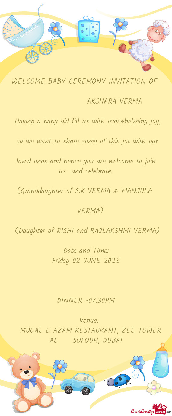 WELCOME BABY CEREMONY INVITATION OF