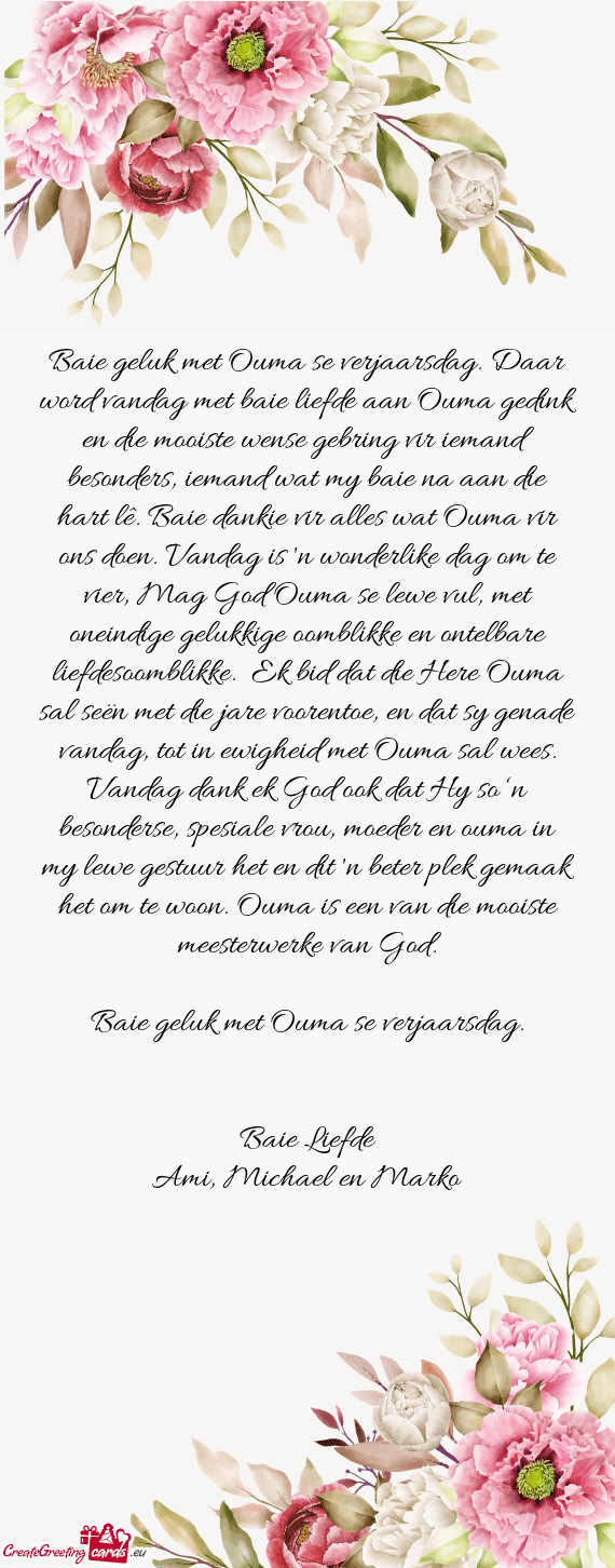 Wense gebring vir iemand besonders, iemand wat my baie na aan die hart lê. Baie dankie vir alles wa