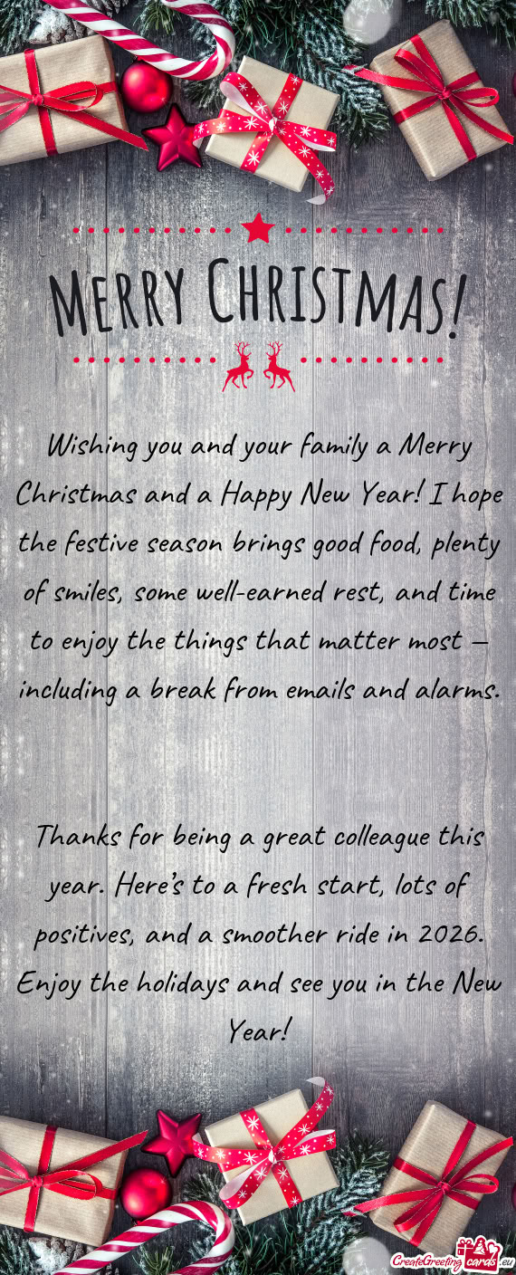 Wishing you and your family a Merry Christmas and a Happy New Year! I hope the festive season brings