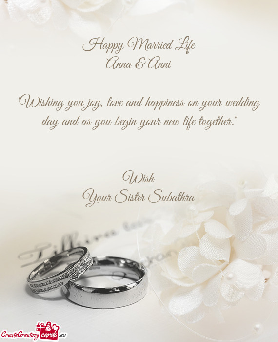 "Wishing you joy, love and happiness on your wedding day and as you begin your new life together."