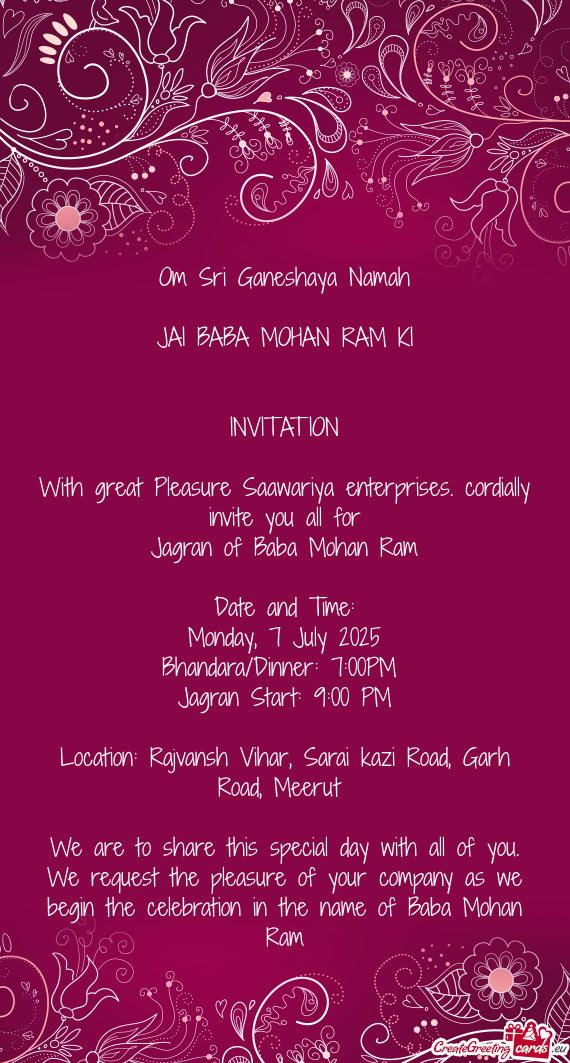 With great Pleasure Saawariya enterprises. cordially invite you all for