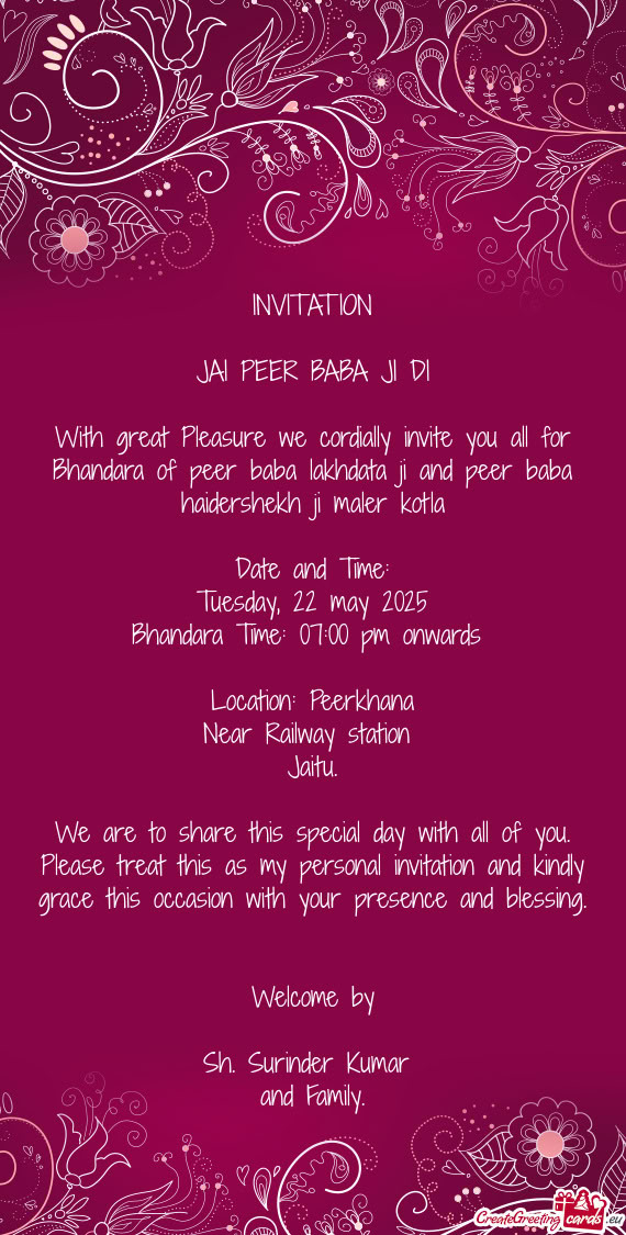 With great Pleasure we cordially invite you all for Bhandara of peer baba lakhdata ji and peer baba